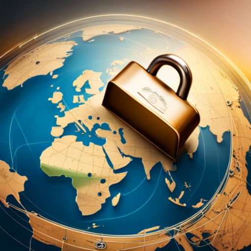 Design an image featuring a padlock on a world map, with digital connections between countries, symbolizing VPN usage for online security during international travel.